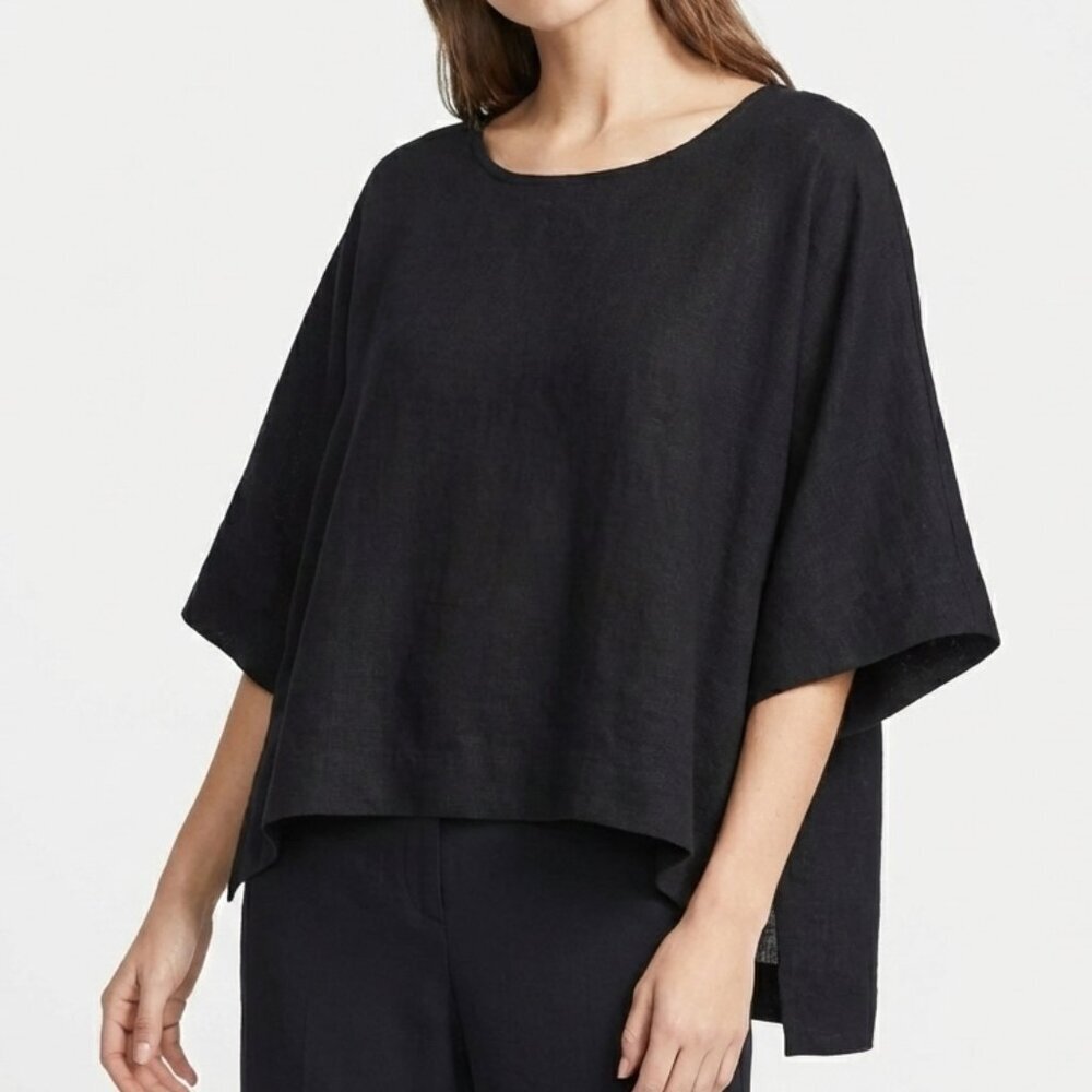DKNY Linen Blend Top Short Sleeve Blouse Boxy Oversized Black